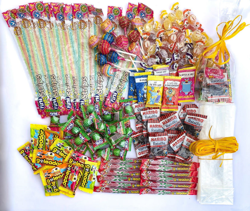 FESTA DI COMPLEANNO Kit completo FAI DA TE da 12 sacchetti + fiocco per Party e Feste di compleanno bambini con grande assortimento di dolci e caramelle delle marche più famose