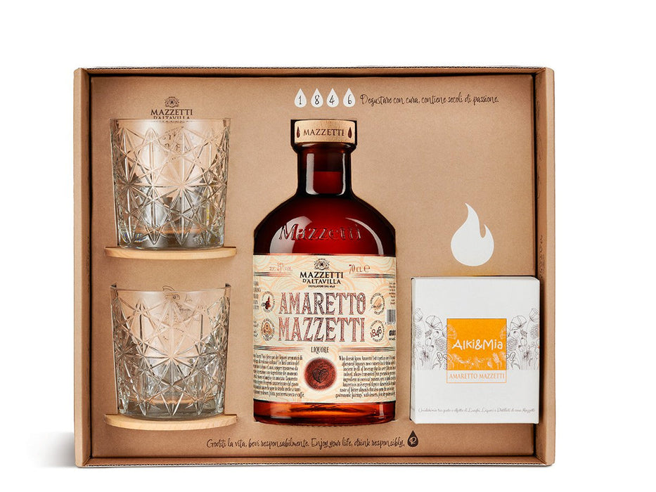 Confezione Regalo con Liquore Amaretto, 2 Bicchieri, Candela profumata | Mazzetti d'Altavilla