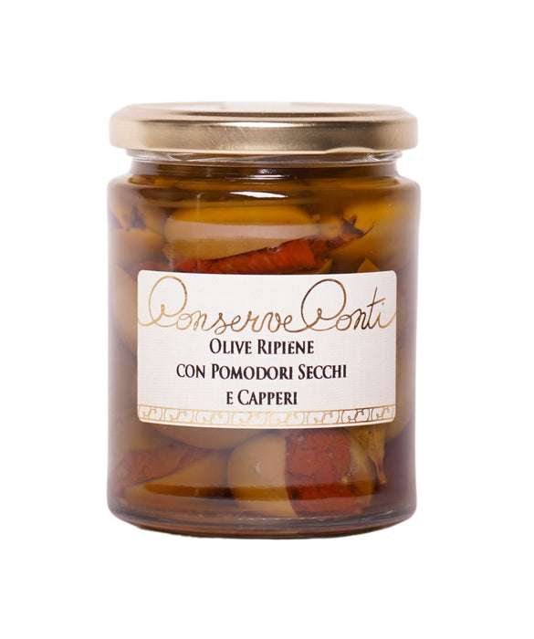 Olive Ripiene con Pomodori Secchi e Capperi Conserve Conti ml 314
